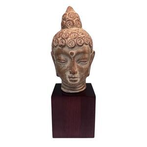 Buddha Head Ceramic Statue On A Wood Stand 12" Brown Tan Square Cube Base
